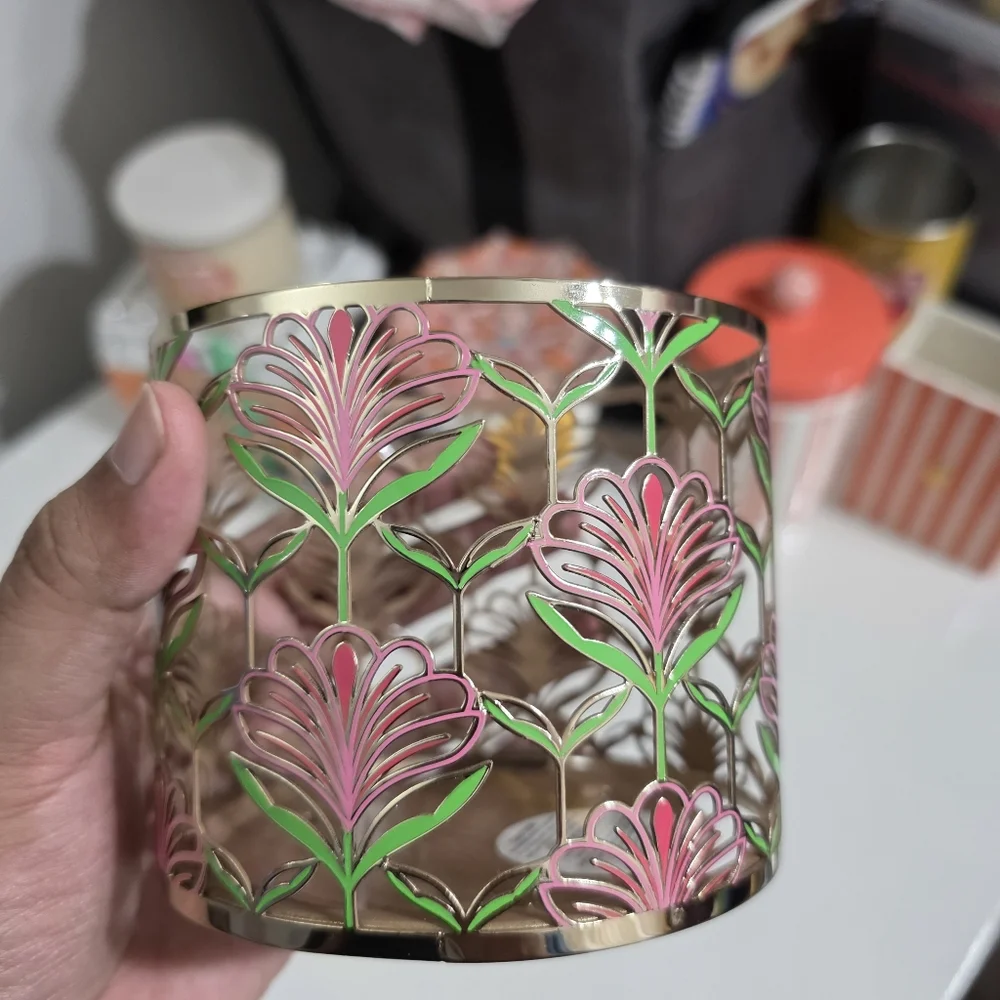 Bath & Body Works Pink Lotus Flower & Green Leaf Metal 3 Wick Candle Holder NEW